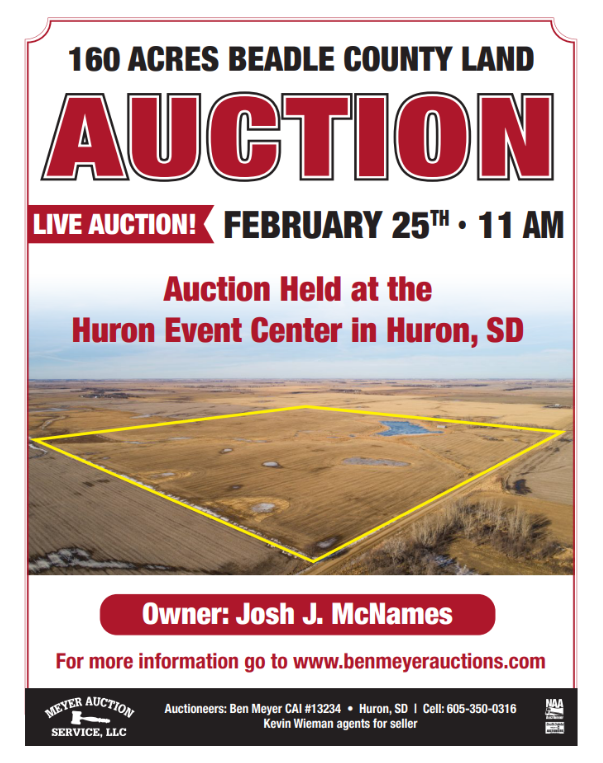 2/25 Beadle County Land Auction 160 Acres Feb. 25th 11am – Live Auction held at the Huron Event Center in Huron