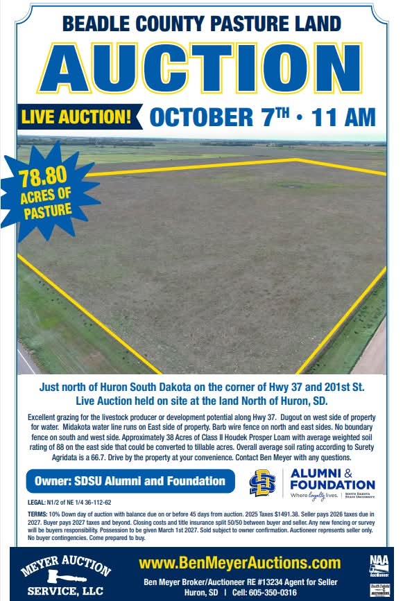 Oct. 7th 11am 2026 Beadle County Pasture Land Auction 78.8 Acres SDSU Alumni & Foundation